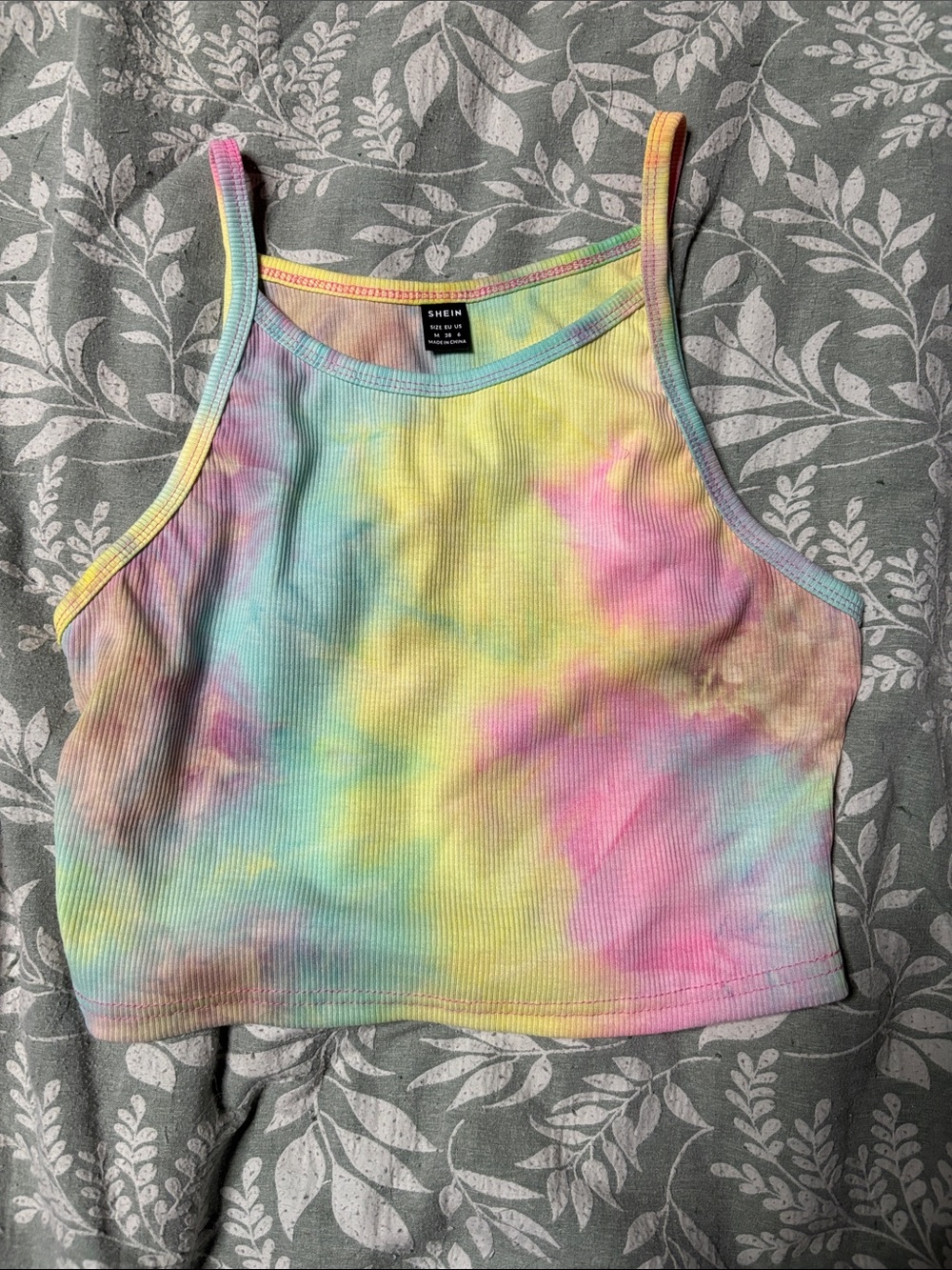 SHEIN Pastel Tie-Dye Ribbed Cropped Tank — Pink, Yellow, Blue, Green
